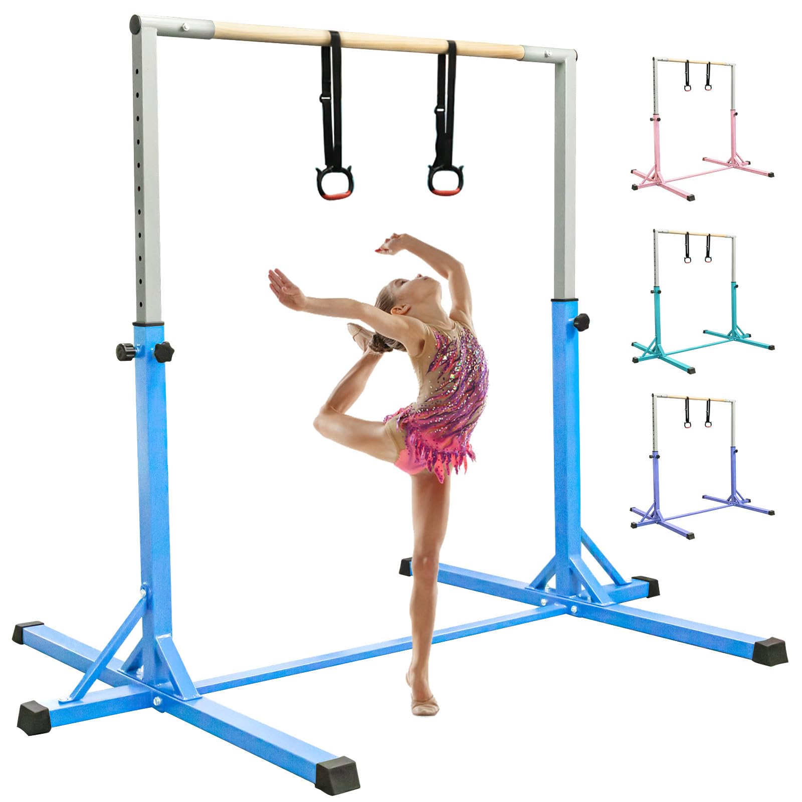 FBSPORT Gymnastics Bar Horizontal Bar with Gymnastic Rings for Kid 13 Height Adjustable, Junior Training Kip Bar Gymnastics Training Equipment for Home Gym Indoor Garden Outdoor
