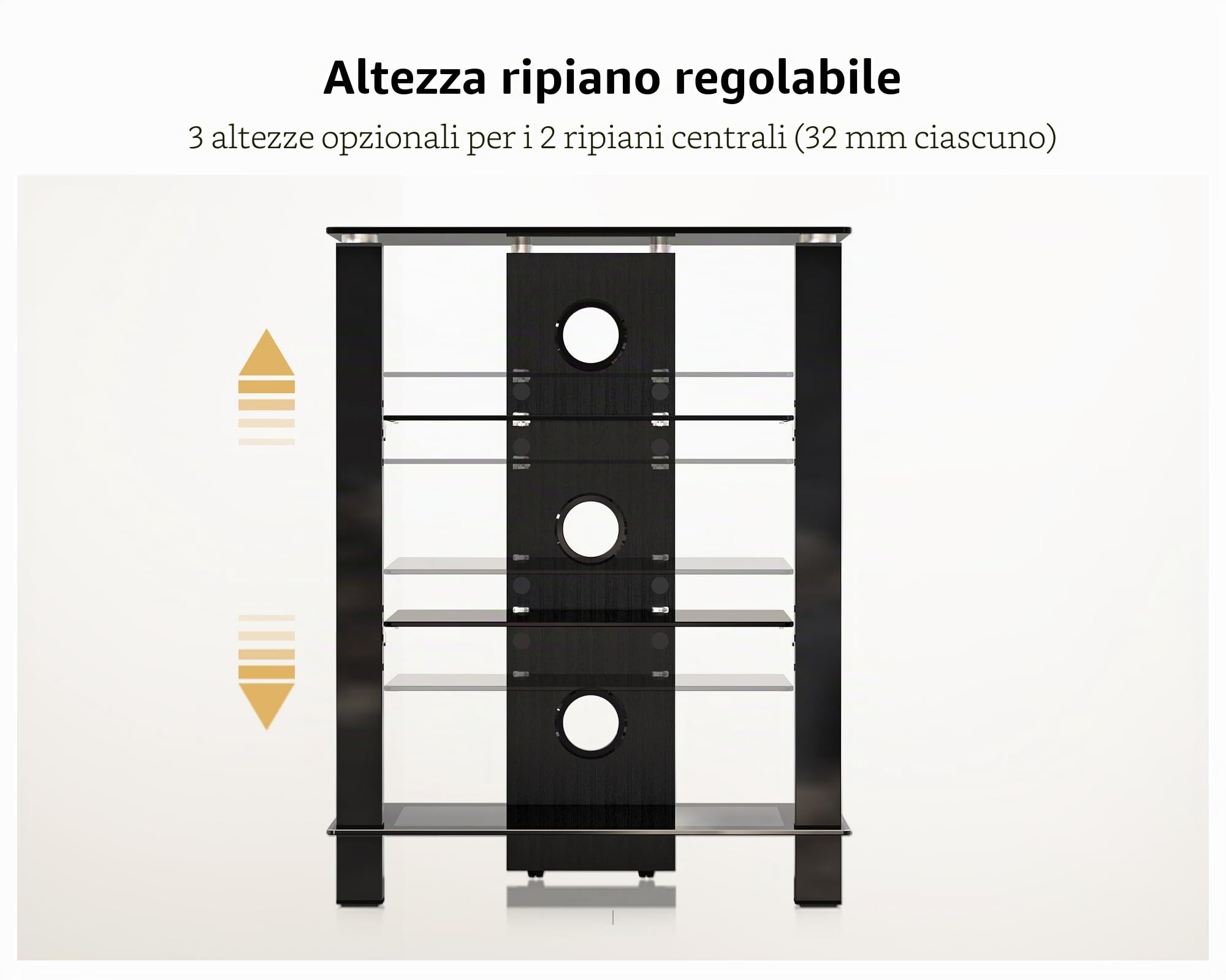FITUEYES Supporto HIFI a 4 Livelli, in Vetro Temprato Nero per Amplificatore/Giradischi/CD, Rack HiFi con Gestione Cavi e Altezza Regolabile, Mobile Giradischi 57 × 42 × 74 cm, Carico 30 kg