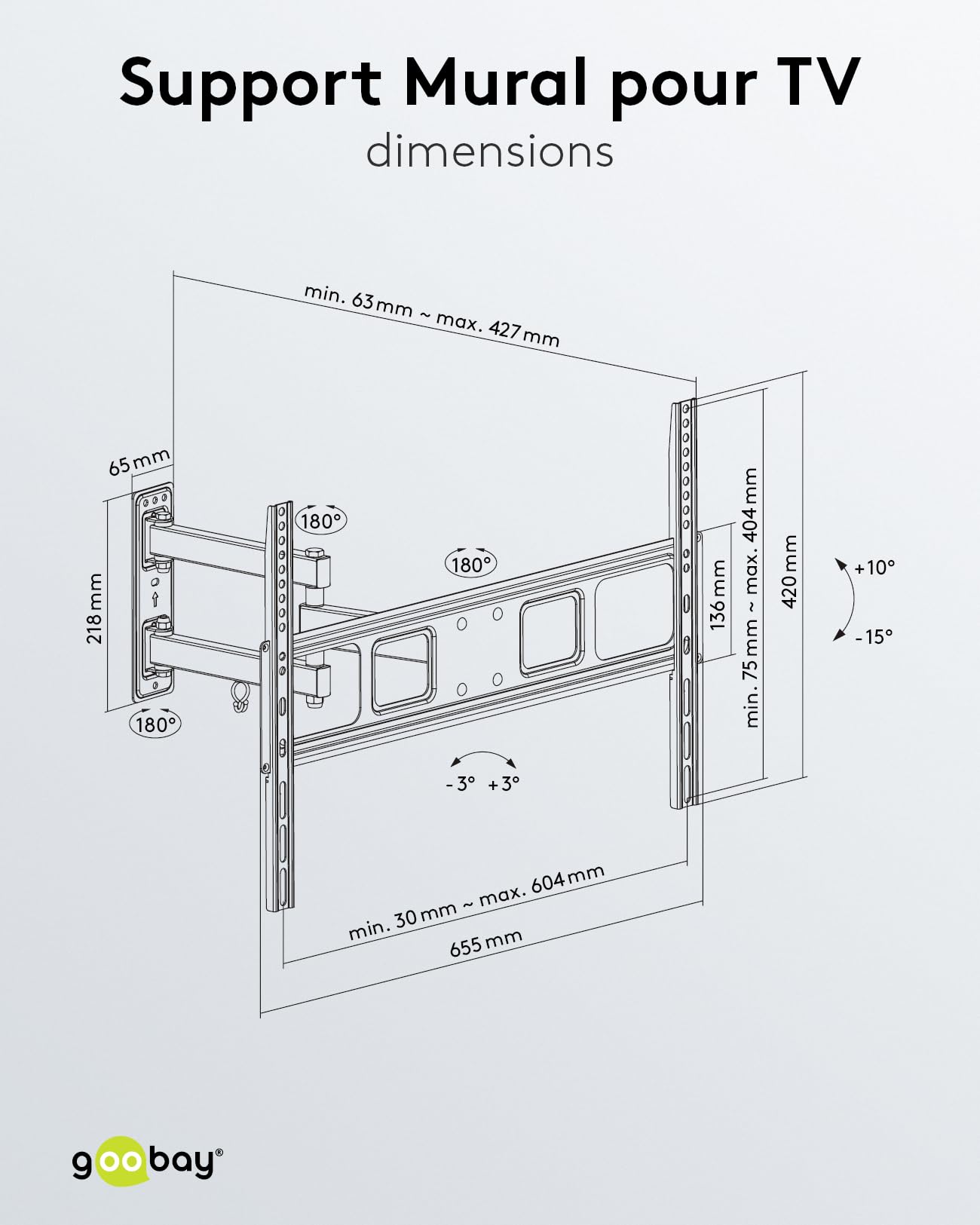 Goobay 49745 Support Mural TV Orientable et Inclinable pour écrans 37-70 Pouces (94-178 cm) / Accroche Television Mural Charge Max. 35 KG/Fixation Murale TV pour Tele VESA 300 x 300