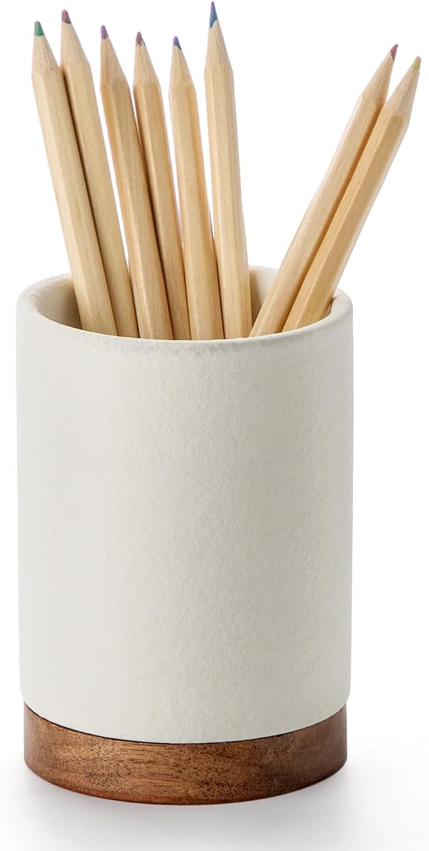 Ceramic Pen Holder for Desk, Pencil Cup, (White,Set / 1) | Organizer and Makeup Brush Holder,Office Decor and Desk Accessories,Perfect Office Organization,Teacher Supplies