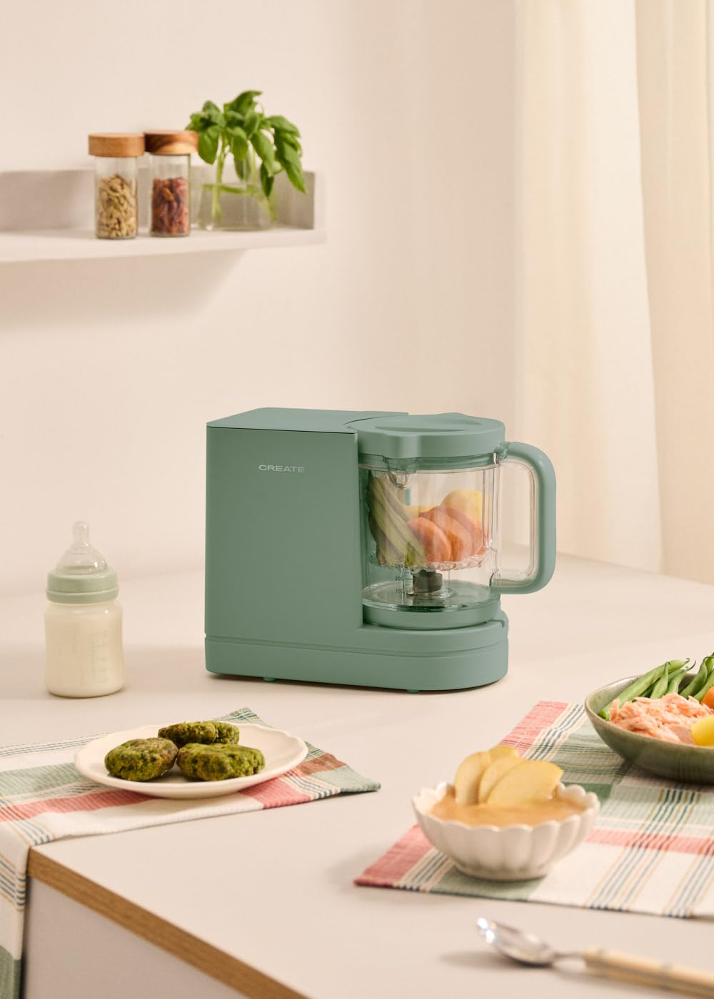 CREATE/BABY CHEFBOT/Multifunktionaler Sterilisator und Küchenroboter für Babys Salbeigrün/BPA-frei, 6 Funktionen, programmierbar, doppelte Höhe für Babyflaschen, 700W