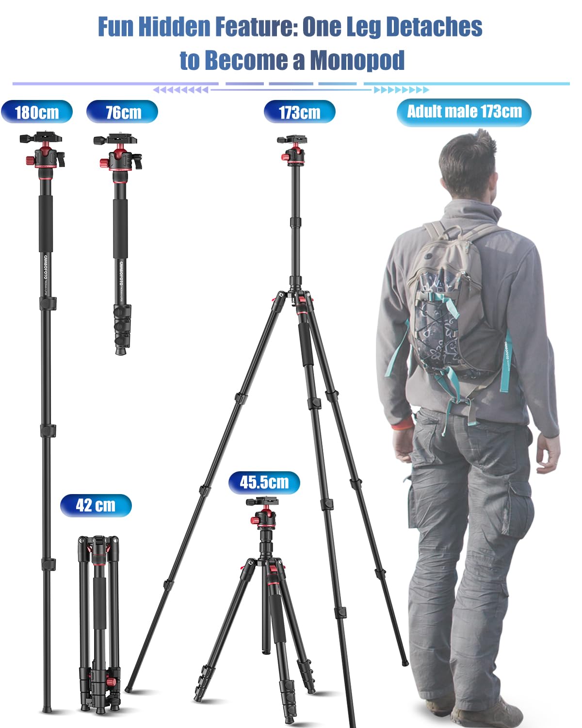 CAMBOFOTO Kamerastativ 173 cm mit Kugelkopf und Tablet-Halter | Aluminium-Reisestativ, Einbeinstativ bis 180 cm, 6 kg Traglast, 360°-Kugelkopf, Tablet-Halter, Tragetasche für Foto und Video