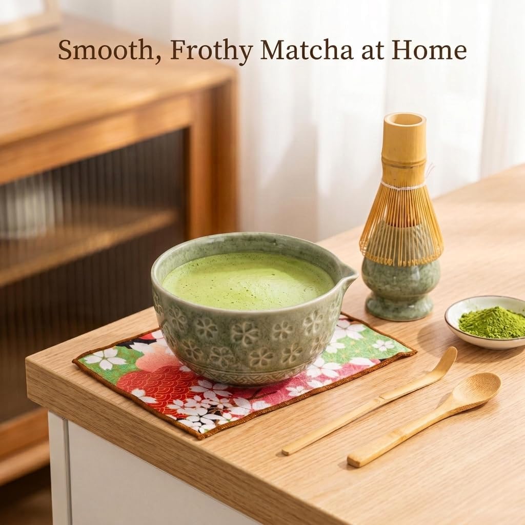 Matcha Whisk Set of 8 Pieces with Ceramic Bowl, Bamboo Chasen,Tea Whisk Stand,Sifter,Spoon,Scoop & Stand, Towel,Complete Matcha kit (Green)