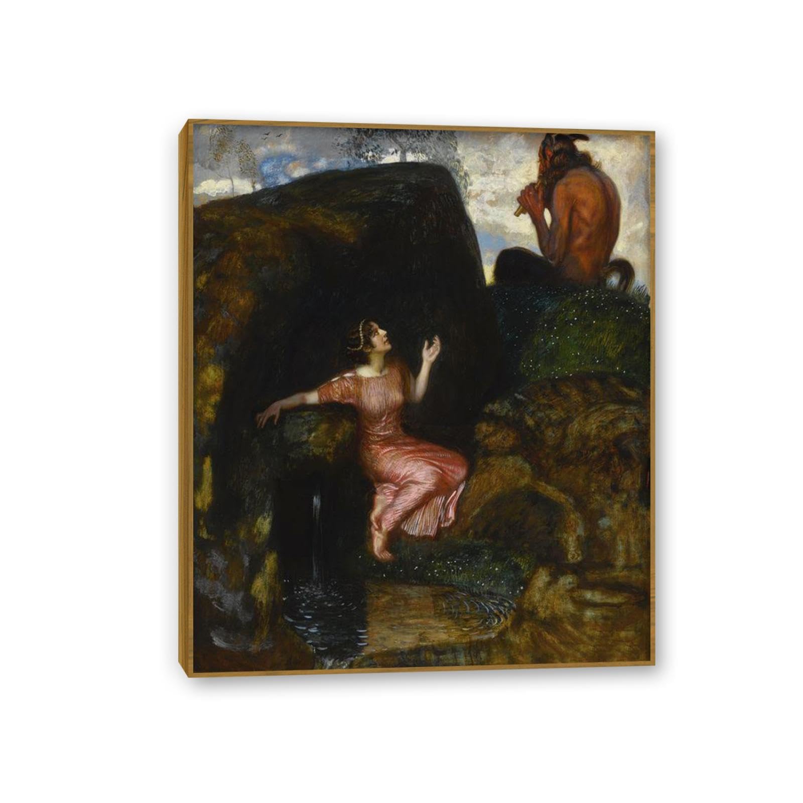Hau3sh3a Framed Franz Von Stuck Wall Art Print At The Source Symbolism Canvas Poster Famous Artwork Wall Decor For Living Room Bathroom Office 90X70cm(36X28in) Teak Frame