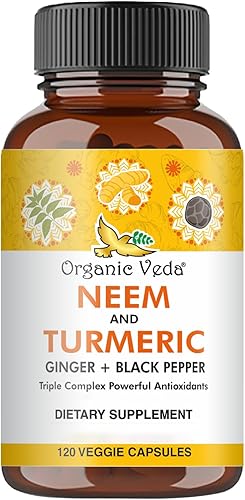 Organic Veda Cápsulas de neem y cúrcuma, hoja de neem orgánica, suplemento de cúrcuma y jengibre con pimienta negra para inmunidad, apoyo a la salud