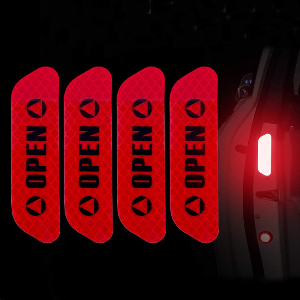 ZYTC 4pcs 3D Super Reflective Stickers Carbon Fiber Strips Car Side Open Door Edge Bumper Anti-Scratch Protection Guards Trim Stickers Universal (Open Red)