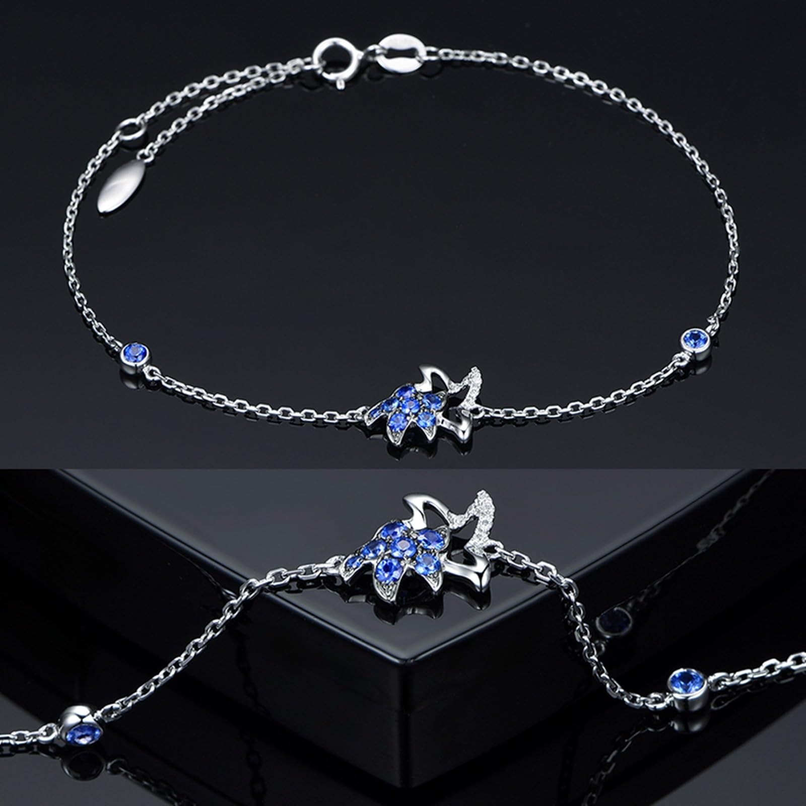 Bracciale Oro Bianco Donna 750/585/375, Bracciale Donna Zaffiro Sintetico 0.32ct 16-18 cm Estensione 4 cm con Moissanite, Braccialetti da Sposa Matrimonio