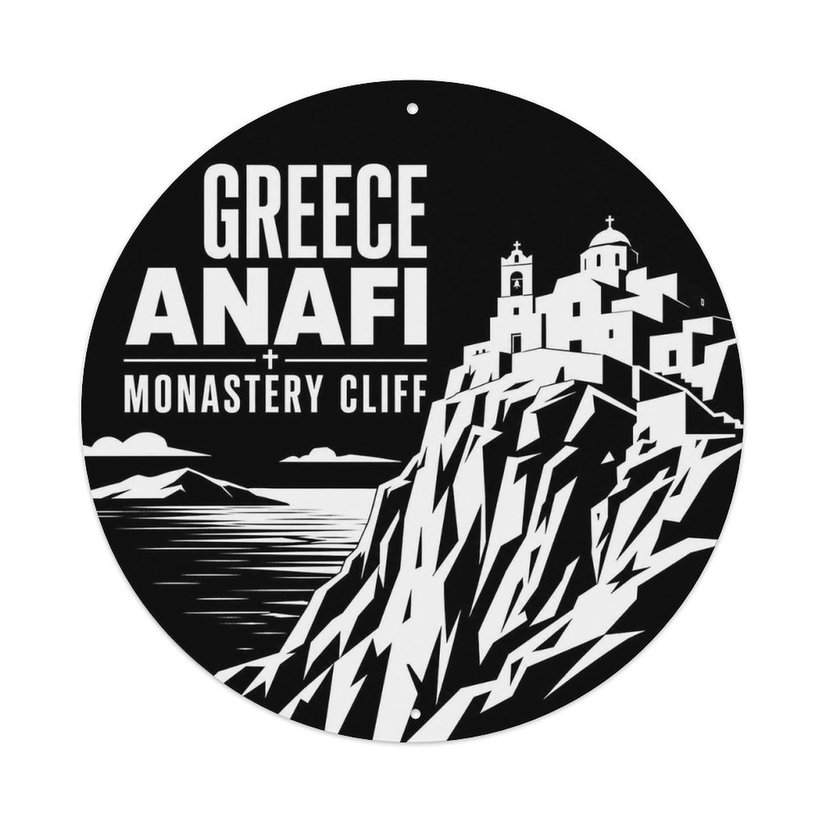 Anafi Monastery Cliff Greek Monochrome Coastal Travel Metal Tin Sign