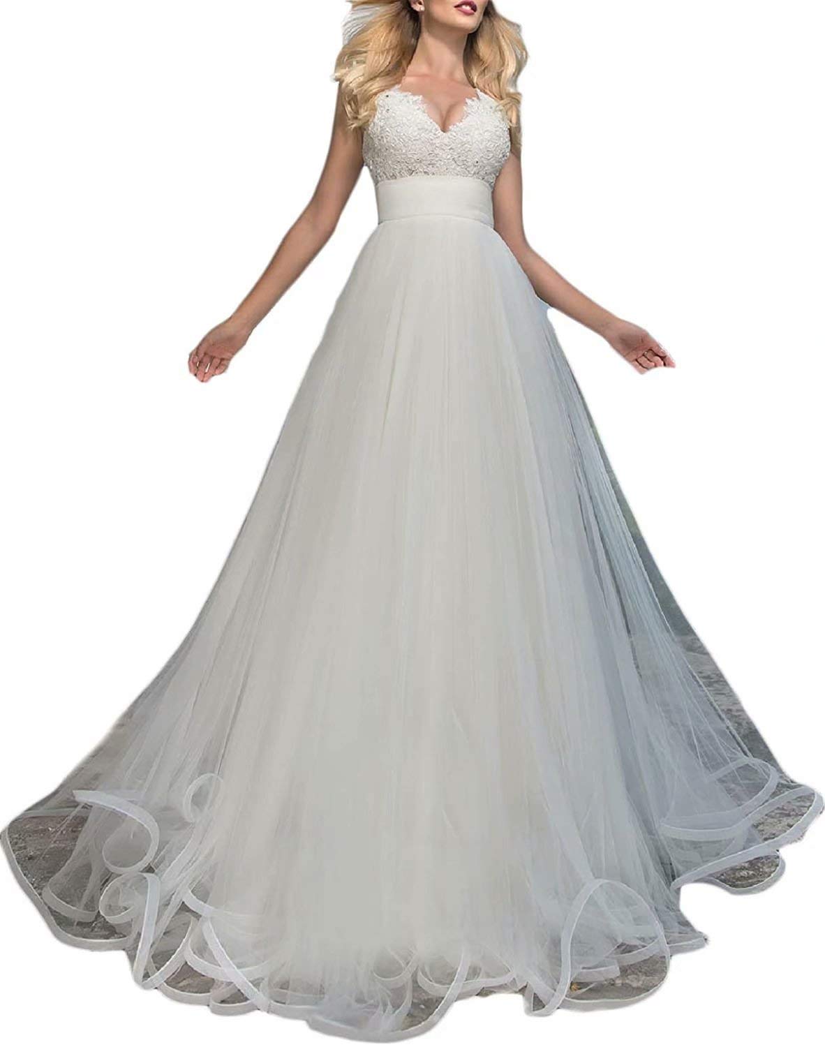 OLOEY BeautBoy Women's V Neck Lace Appliques Wedding Dresses Long Empire Waist Beach Bridal Gowns W21