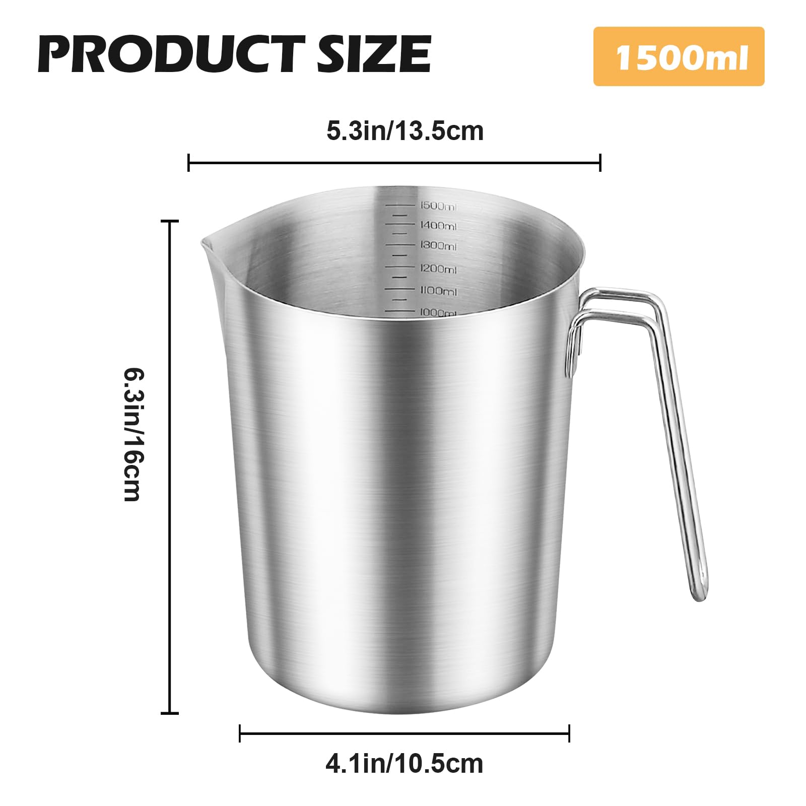 GOMETY Misurino in acciaio inox 1500 ml, 304, misurino con manico e scala, lavabile in lavastoviglie, in acciaio inox, robusto misurino da 1,5 l, per cucina, cottura, latte, liquidi