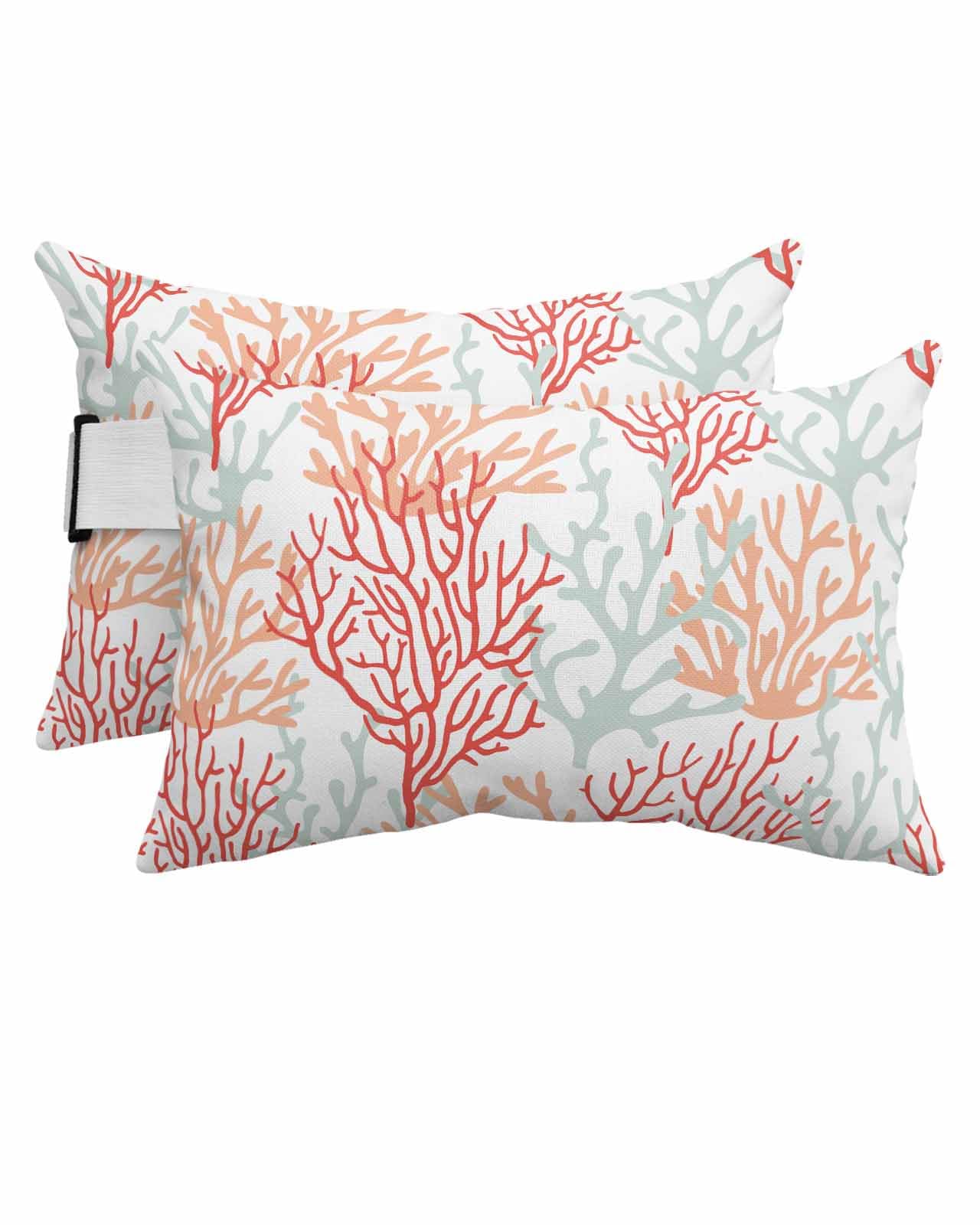 HERBED Outdoor Pillows Covers with Inserts Summer Ocean Ombre Red Orange Coral Waterproof Pillow with Adjustable Strap Throw Pillows for Patio Furniture Pool Lounge Chair, 12x20 Inch, 2PCS