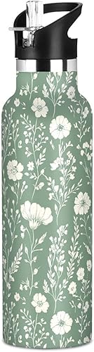 Autumn Flowers Carnation Callistephus Peonies Sage Green Leakproof BPA Free Reusable Water Bottles with Straw Double-Wall Insulation for School and