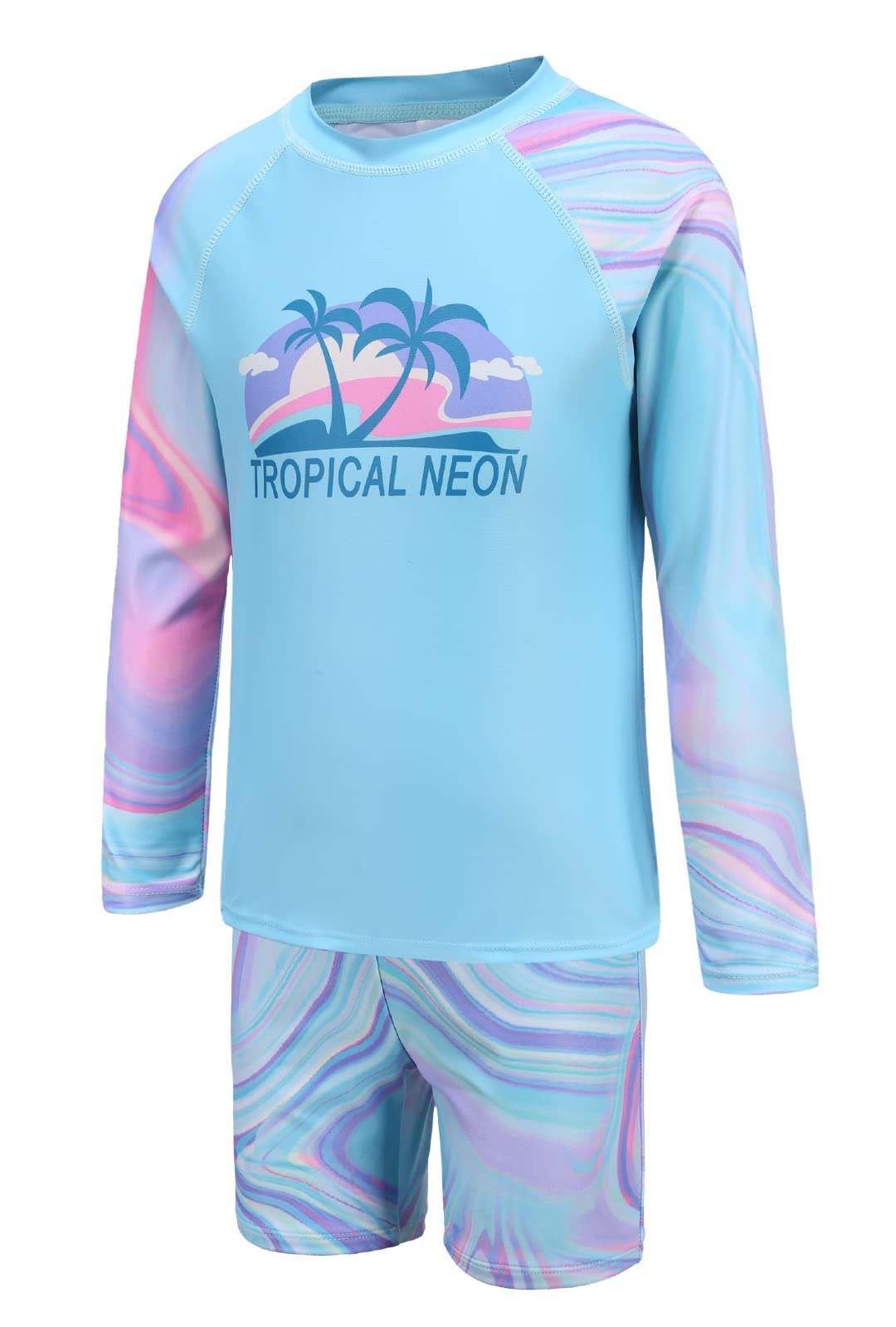 Girls Long Sleeve Swimming Costume Kids Two Piece Rash Guard Swimsuit Set Girls Rash Vest and Shorts Age 5-14 Years