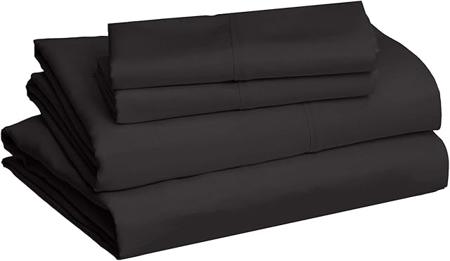 Amazon Basics Lightweight Super Soft Easy Care Microfiber 4 Piece Bed Sheet Set with 14-Inch Deep Pockets, Queen, Black, Solid