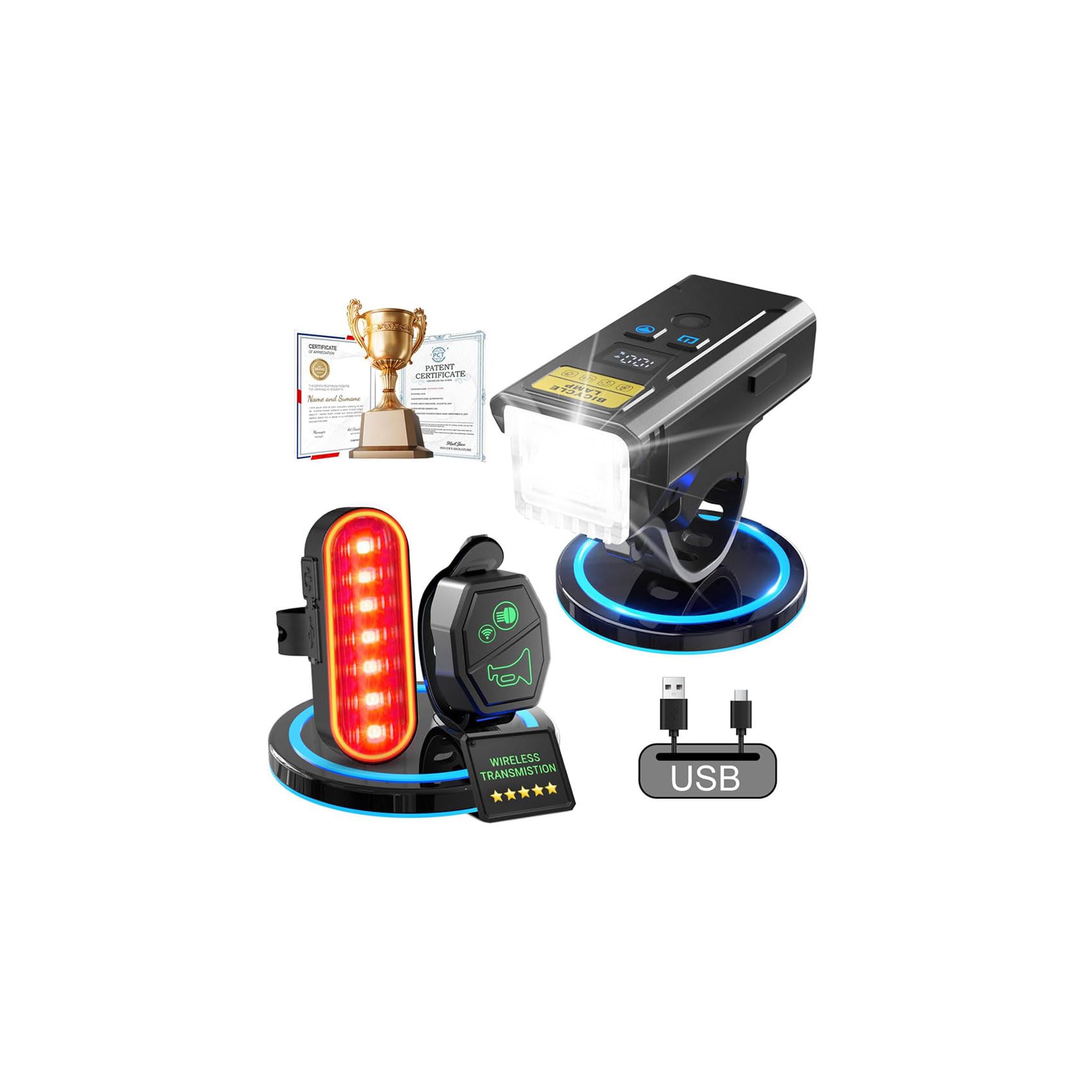 100% Super Bright Bike Lights LEDSUUEI:【8 Performance Upgrade】5+5 Lighting Modes 360° Bike Lights Front and Back USB Rechargeable & IP67 Waterproof Bicycle Lights for Riding ﻿(Wireless Transmission)