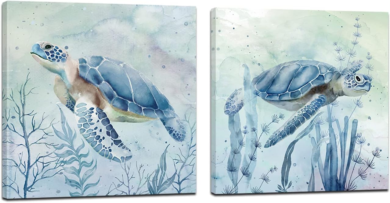 Zessonic Sea Turtle Wall-Art for Bathroom Decor - 2 Panel Set of 12 x 12 Inch Teal Sea Turtle with Seagrass Prints