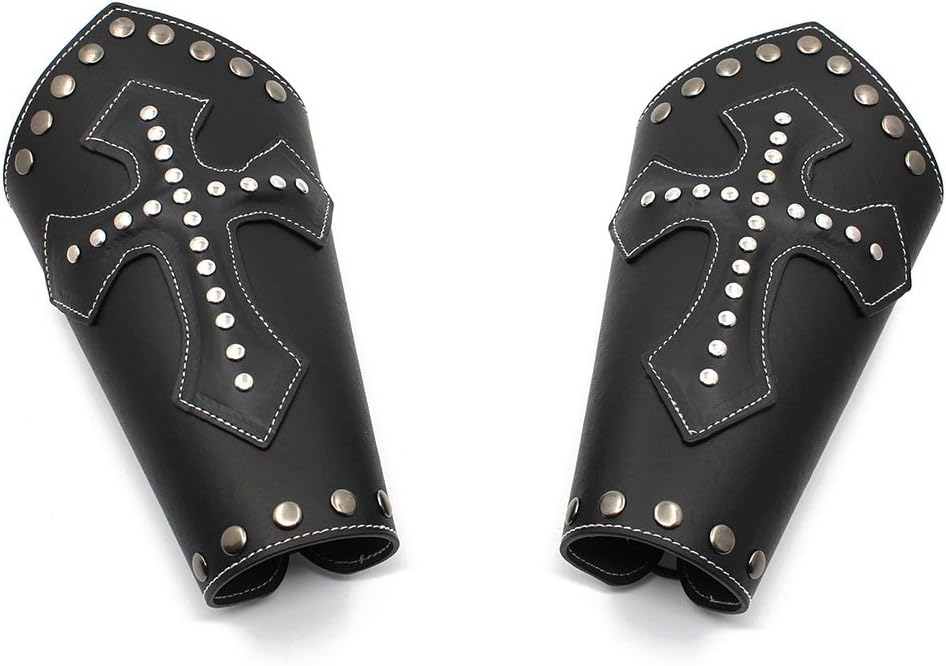 Mens Faux Leather Knight Arm Guards-Medieval Cross Bracers-Black/Brown-One Size
