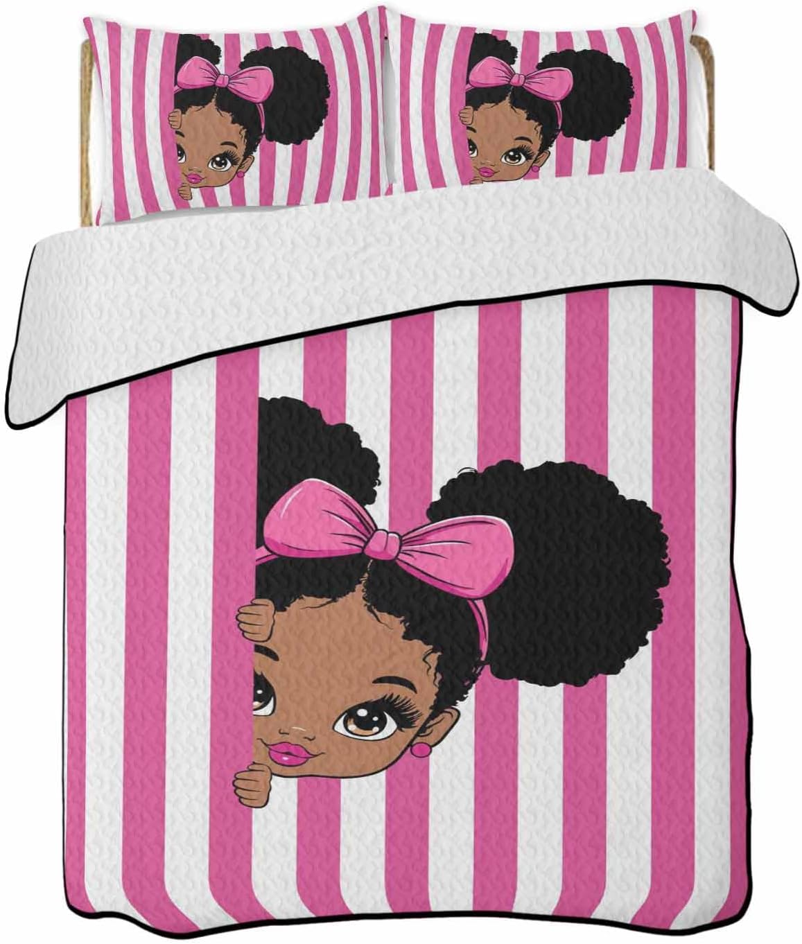 Full Quilt Sets with 2 Pillow Shams, Pink Stripes Lightweight Summer Quilts Full Size, Cartoon Funny Bow Girl Vertical Striped Bedspreads Coverlet Bedding Set 3 Pieces for All Season