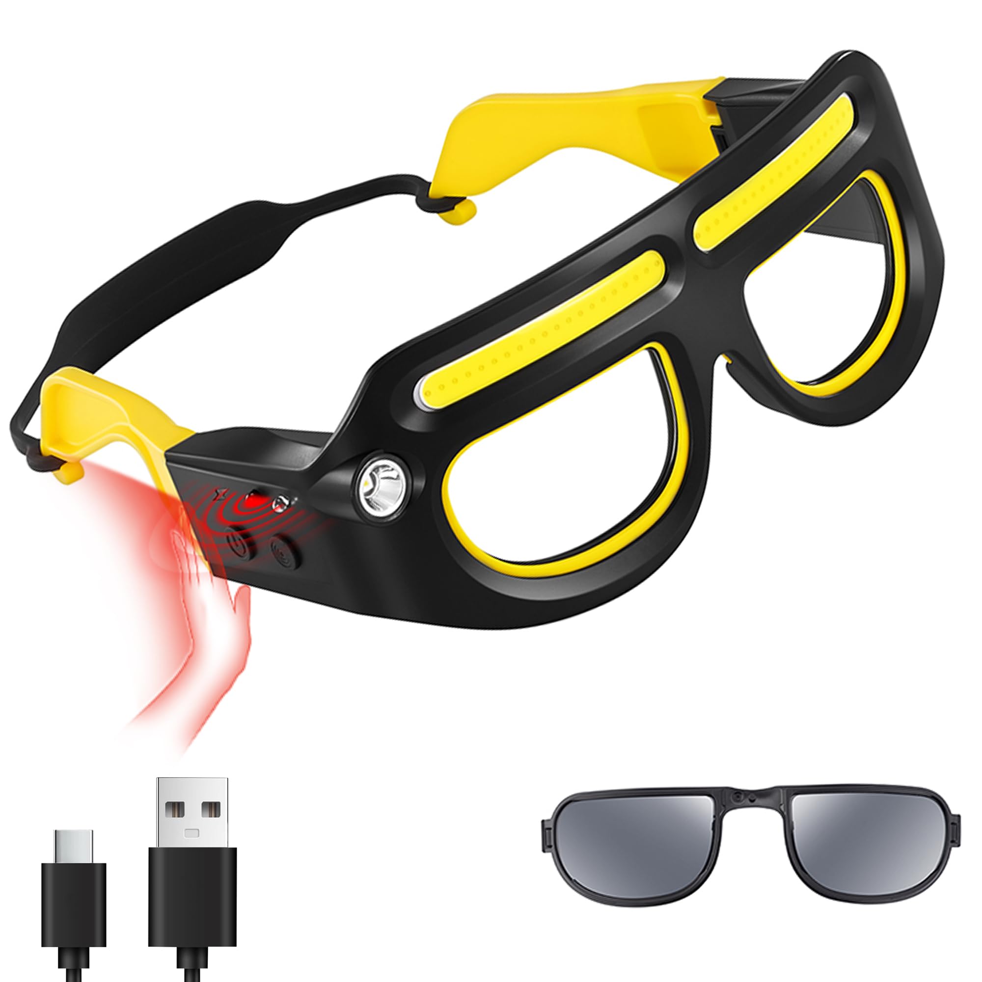 Adjustable Headlamp Glasses with Motion Sensor Rechargeable Headlight Safety Glasses for Camping Hiking Fishing Cycling (Yellow)-picture-30