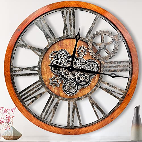 - - - The B-Style TB - Orologio da parete grande, 61 cm, con ingranaggi visibili; in stile rustico-industriale vintage, ideali per l\'arredamento del soggiorno; in legno (marrone con ingranaggi in bronzo 2)