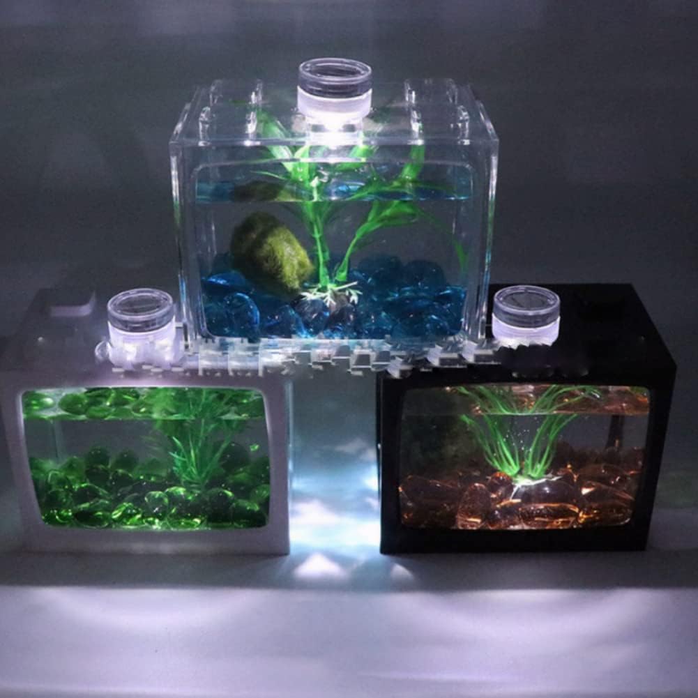 Mini Fish Aquarium, Fishes Decorative Mini Aquarium USB LED Light Lamp Fishes Desktop Lamp Fish Box for Office Tea Table Decor Transparent