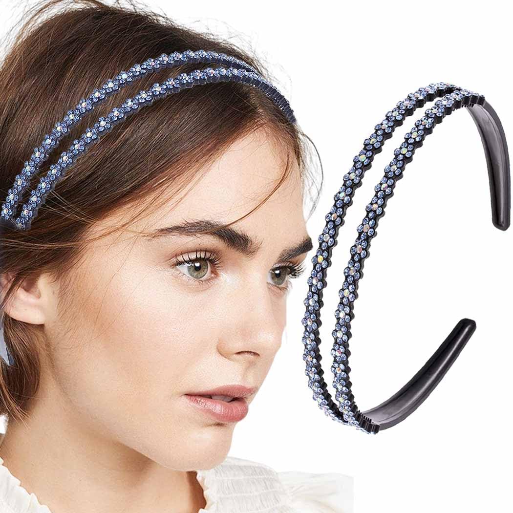 Rhinestones Headband Crystal Flower Headbands Blue Double Hairbands for Women