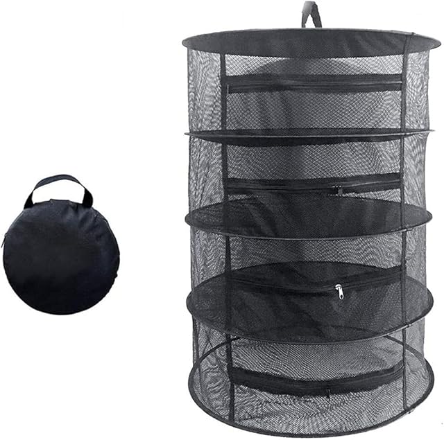 TIMESETL 4 LayerHerb Drying Rack Net, Herb Dryer Black Mesh Hanging Dryer Rack with Zipper, S-hook and storage pocket(80 x 60CM)
