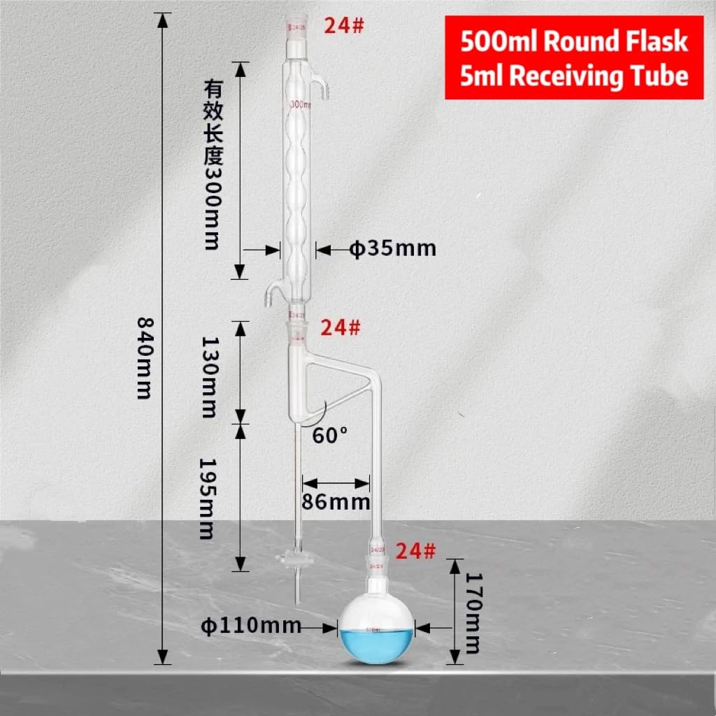 1 szt. 500 ml tester lotnych olejów ciężkich, szkło borokrzemianowe, ekstrakcja, z zaworem przełączającym 24/29 do analizy olejków eterycznych(Scale 5ml)