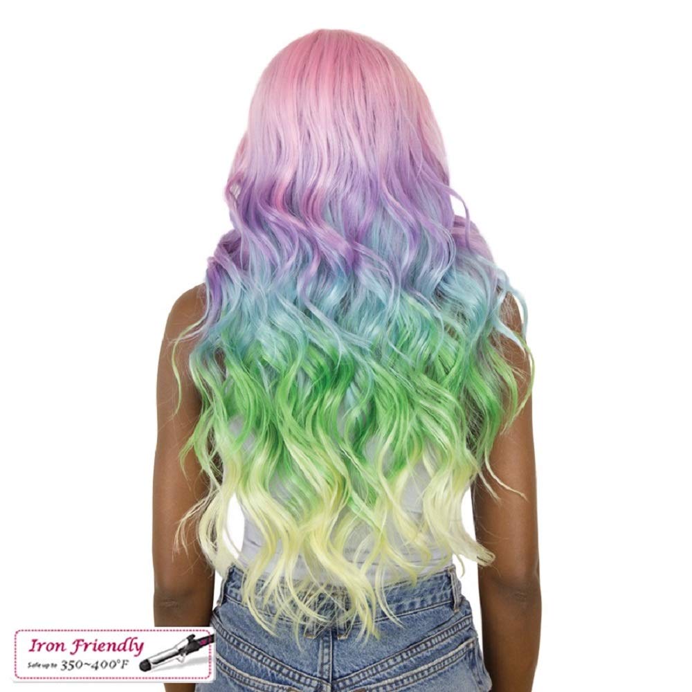 Unicorn Body Wave Lace Front Wig 28" Ombre Pastel Multi-Color Mermaid Wig Cosplay Wig Party Wig (UNICORN PINK)