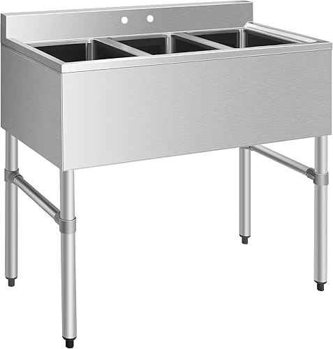 Giantex Fregadero comercial de acero inoxidable 304 de 3 compartimentos, fregadero de cocina con 3 desagües de colador de cesta, cuenco de 10