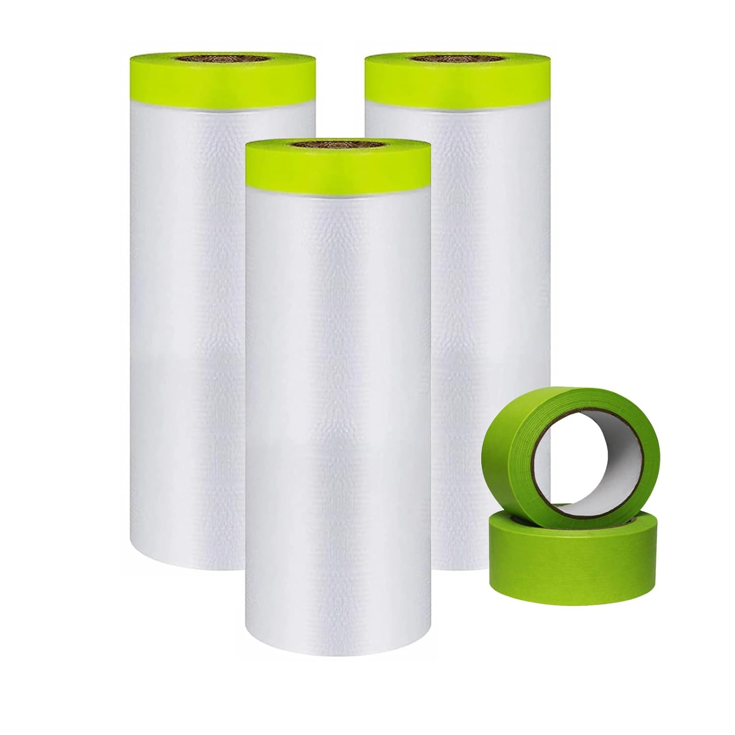 Painters Plastic with Tape, Tape and Drape, 10 Rolls Automotive Painters Tape and Plastic Film, Paint Plastic Covering Roll for Covering Skirting, Frames, Cars and Auto Body (55in X 65-Feet)