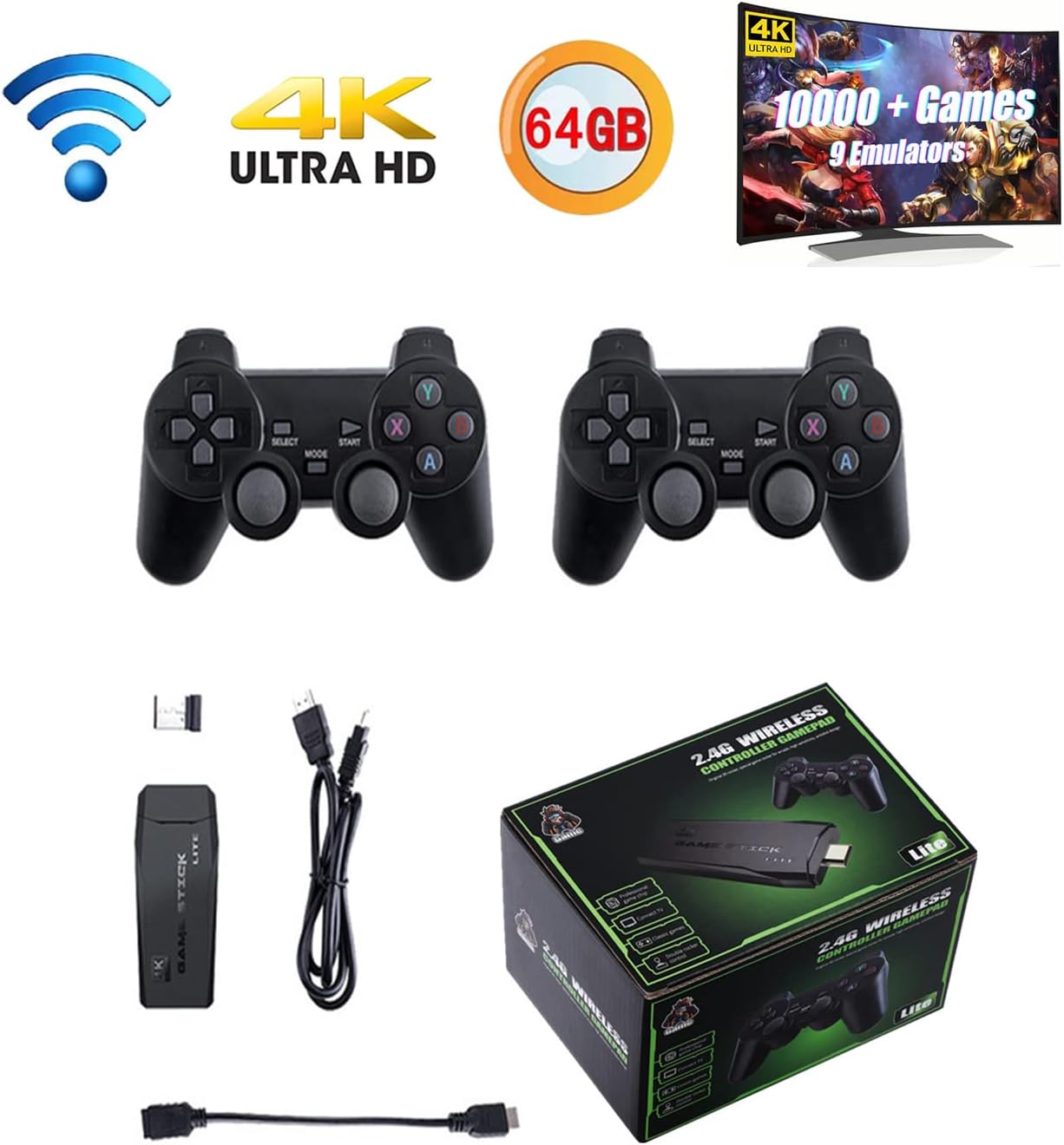 Game Stick,Games for Kids Wireless Retro Game Console Built in 10000+ Classic Games,Plug and Play Video Game Stick 4K High Definition HDMI Output for TV with Dual 2.4G Wireless Controllers(64GB)