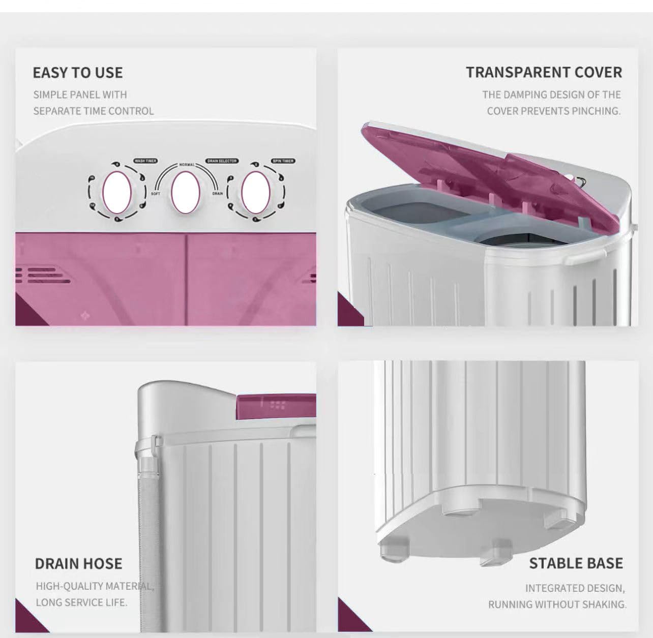 Portable Twin Tub Washing Machine and Dryer 5 KG (3 KG Wash 2 KG Dryer) Electric Mini Washer RV Travel Camping Spin Cycle Dryer Combo Pink/White New — view 4
