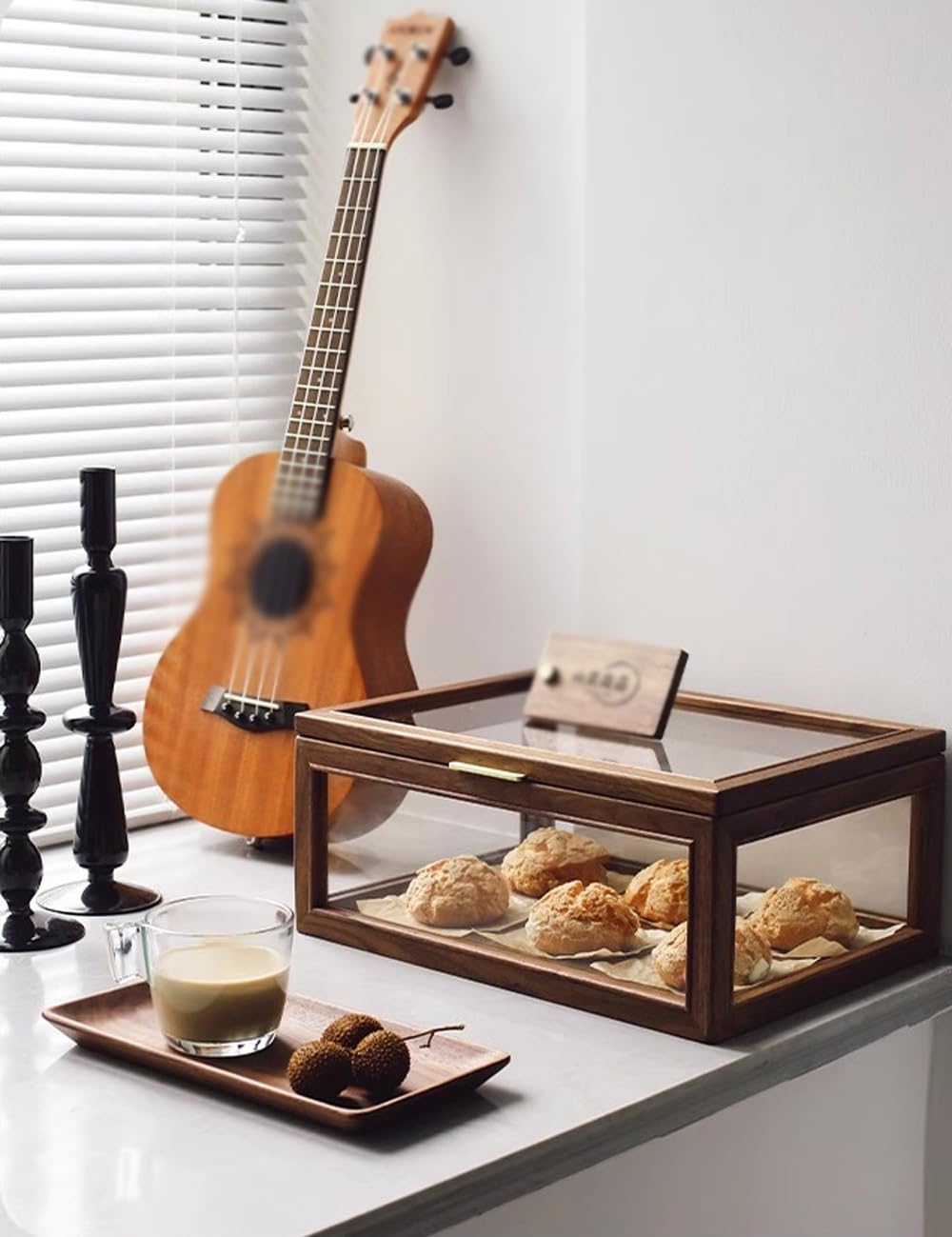 Vitrina de Madera Vintage para Pasteles y Galletas, Ideal para la encimera de la Cocina. Caja de Cristal Transparente para Guardar Galletas, Cupcakes, Magdalenas y Bagels caseros (marrón).