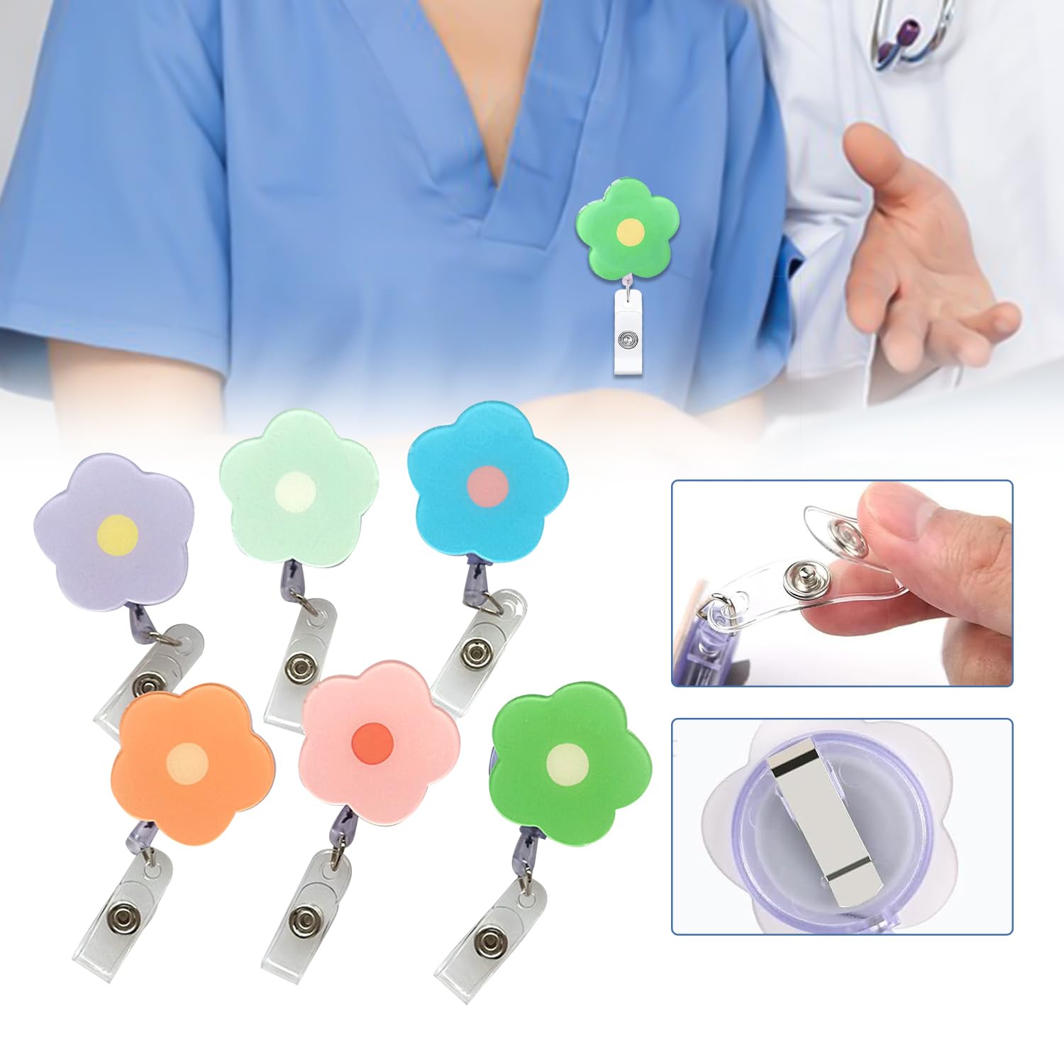 HIXNUG 6Pcs Flower Badge Reel Retractable Keychain with Belt Clip Card Colorful Badge Holder Accessories for Student Teacher Nurse - Image 3