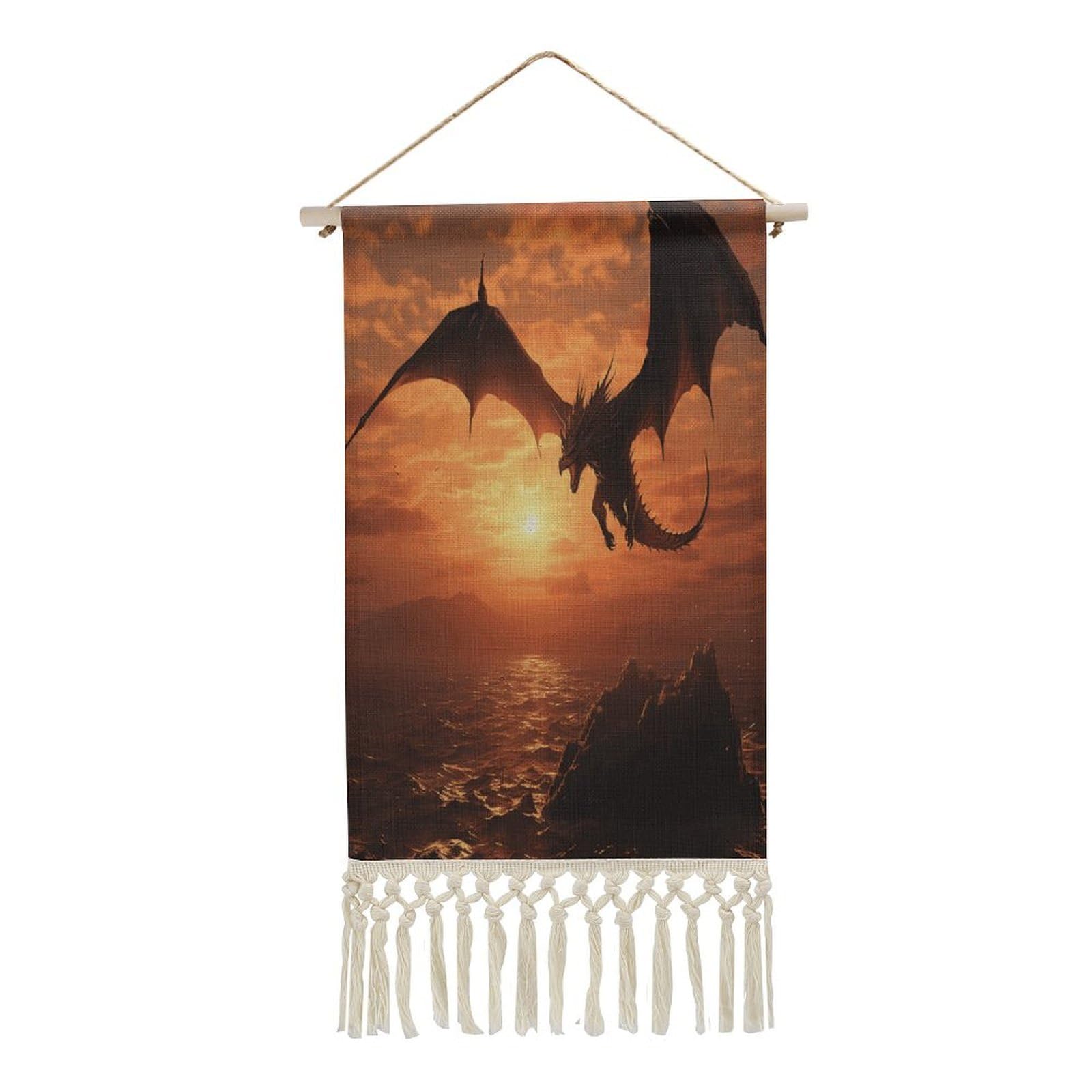 Adfgyerh Style Sea Sunset Flying Dragon Tapestry With Tassels Cotton And Linen Hanging Posters, Wall Art For Travel Gift, Wall Tapestry For Office Home Decor Bedroom Living Room Decor