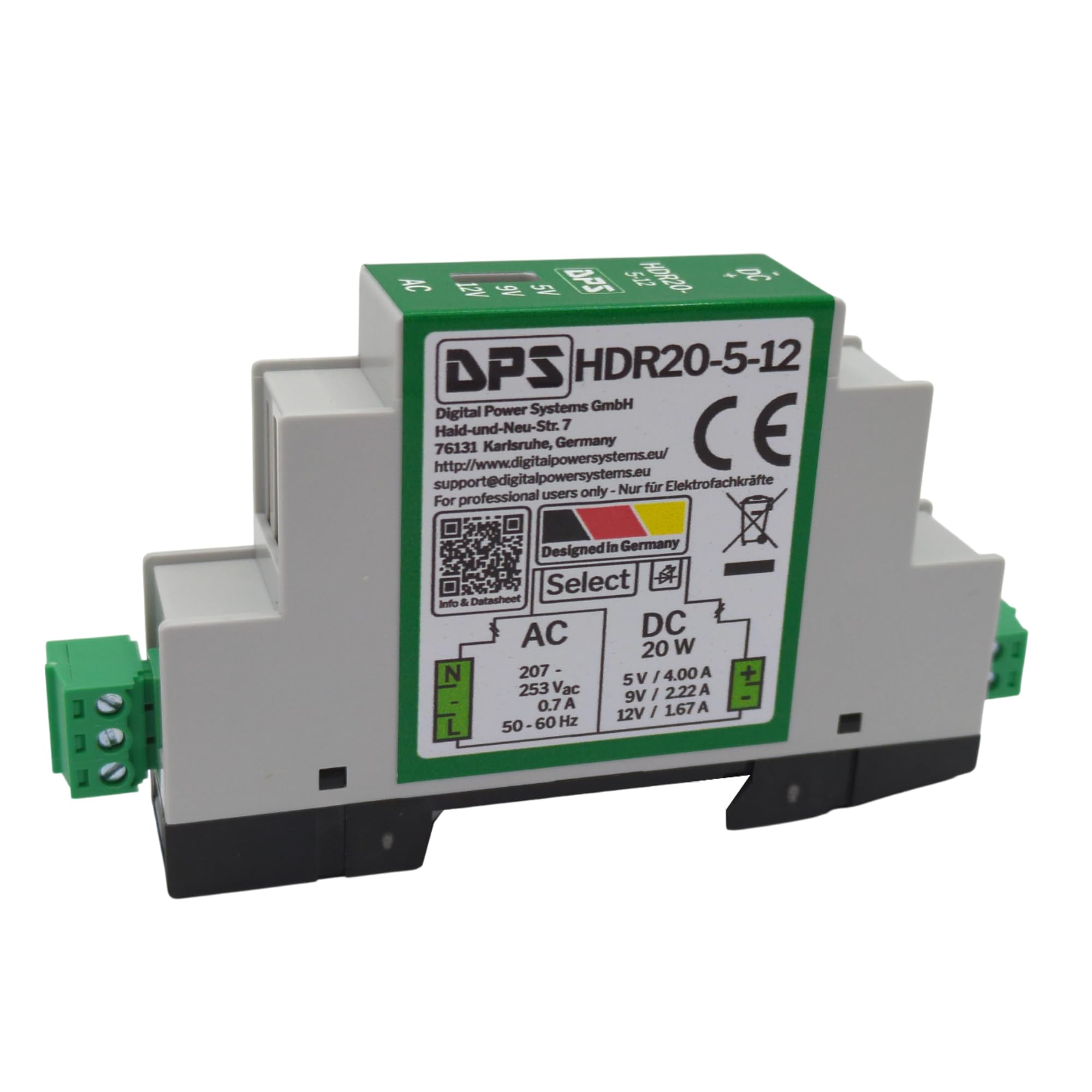DPS – Hutschienen Netzteil 5V | 9V | 12V - 20W 230Vac Power Supply Trafo HDR20 Umschalter 5V | 9V | 12V AC NoElko Stromversorgung Industriequalität