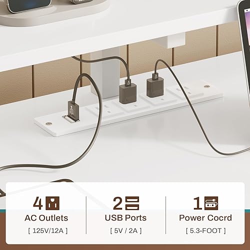 Miniatura 8 de SEDETA Escritorio blanco para computadora con 5 cajones y toma de corriente, escritorio de oficina en casa de 66 pulgadas con cajón de archivos,