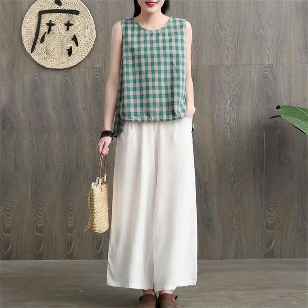 Women's Summer Simple Loose Plaid Cotton and Linen Round Neck Sleeveless Vest Women's Clothes Casual Versatile Tops T-Shirt