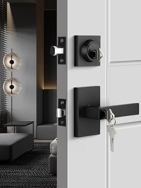 Black Exterior Door Lock Set, Front Door Lock Set with Deadbolt, Square Contemporary Matte Black Front Door Lock Sets, Heavy Duty Zinc-alloyed Exterior Door Handle (1 Pack)