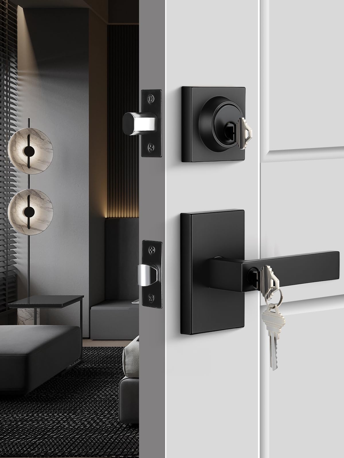 Exterior Door Lock Set With Deadbolt - Matte Black Keyed Alike Front Door Handle & Deadbolt Set
