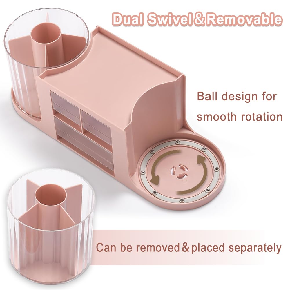 ALUNME Rotating Desk Organizer with 2 Rotating Pen Holder 10 Compartments and 3 Drawer,Pencil Storage Organizer Desk Organizer and Accessories for Office Stationery Supplies (pink) - Image 3