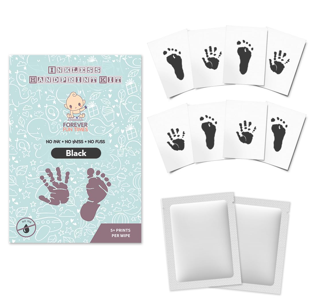 Baby Inkless Print Kit by Forever Fun Times | Get Detailed Prints with None of The Mess | Baby Hand and Footprint Kit (Black, 8 Sheets and 2 Wipes)