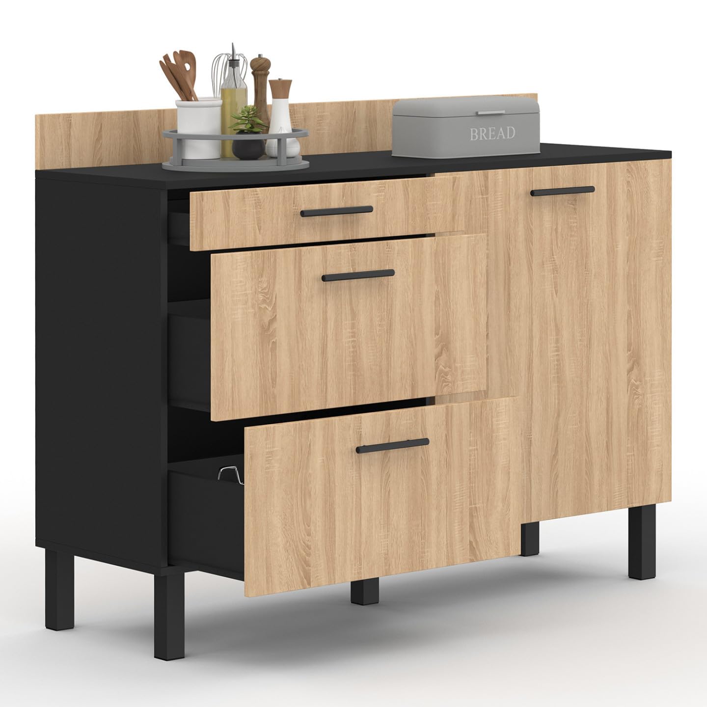 IDMarket - Buffet Bas casserolier de Cuisine 120 cm CINA Plan de Travail H.83 cm 1 Porte + 3 tiroirs Noir et façon hêtre