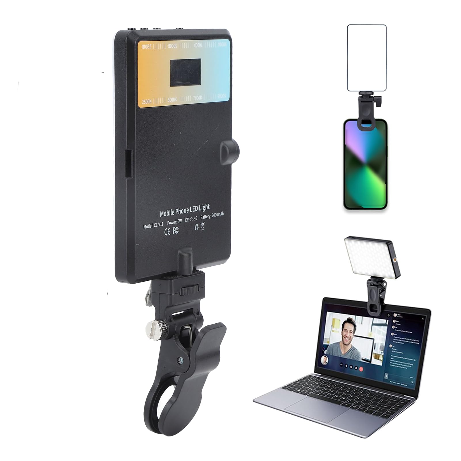 LED Camera Light, Portable Photography Lighting with 60 LED, 2000mAh Rechargeable Battery, 2500K-9000K, Clip-on Light for Phone Tablet Laptop