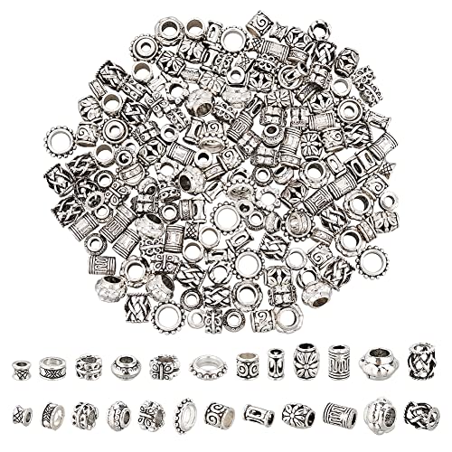 NBEADS 180 Pcs 12 Styles Alloy Hair Beads, 2 Colors Tibetan Style European Butterfly Dreadlock Beads for Hair Braiding Hole: 3.5~7mm