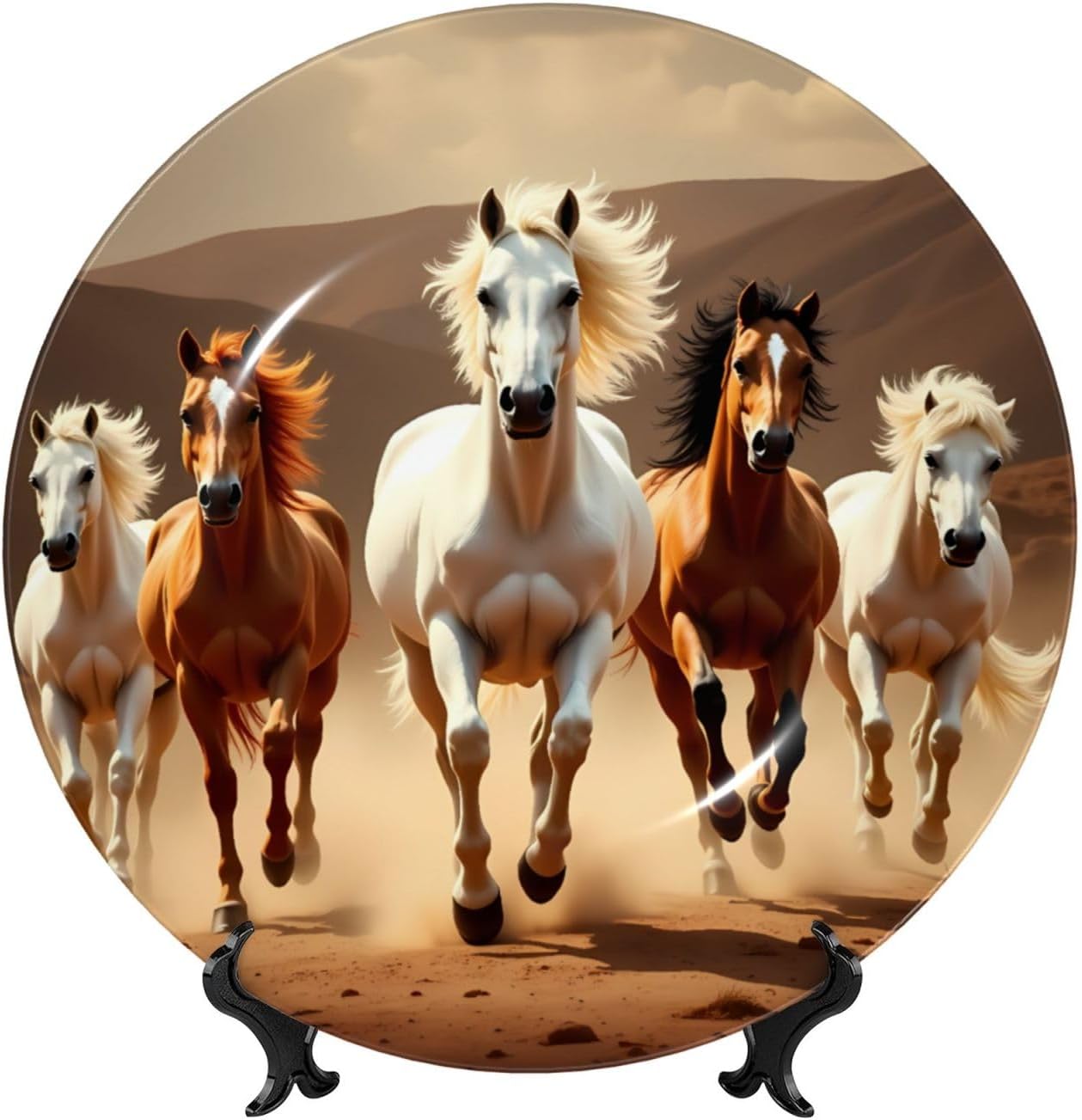 Running Horses Style Ceramic Plate Display Decorative Plate With Stand Wall Hanging Plate For Home Decor 10 Inch