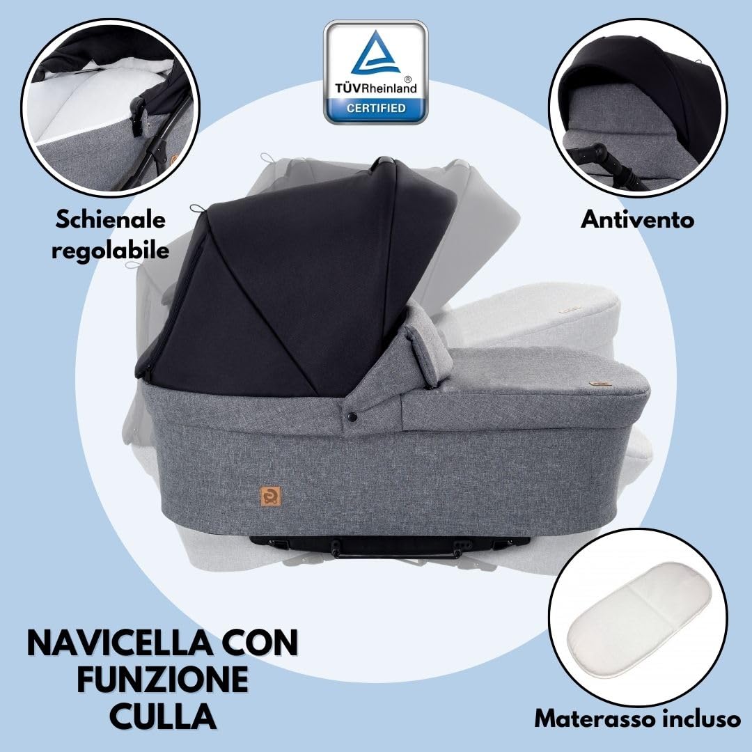 GaGaDumi Boston Passeggino Trio 3 in 1 Carrozzina Passeggino Seggiolino Auto Sistema Viaggio Completo Nero