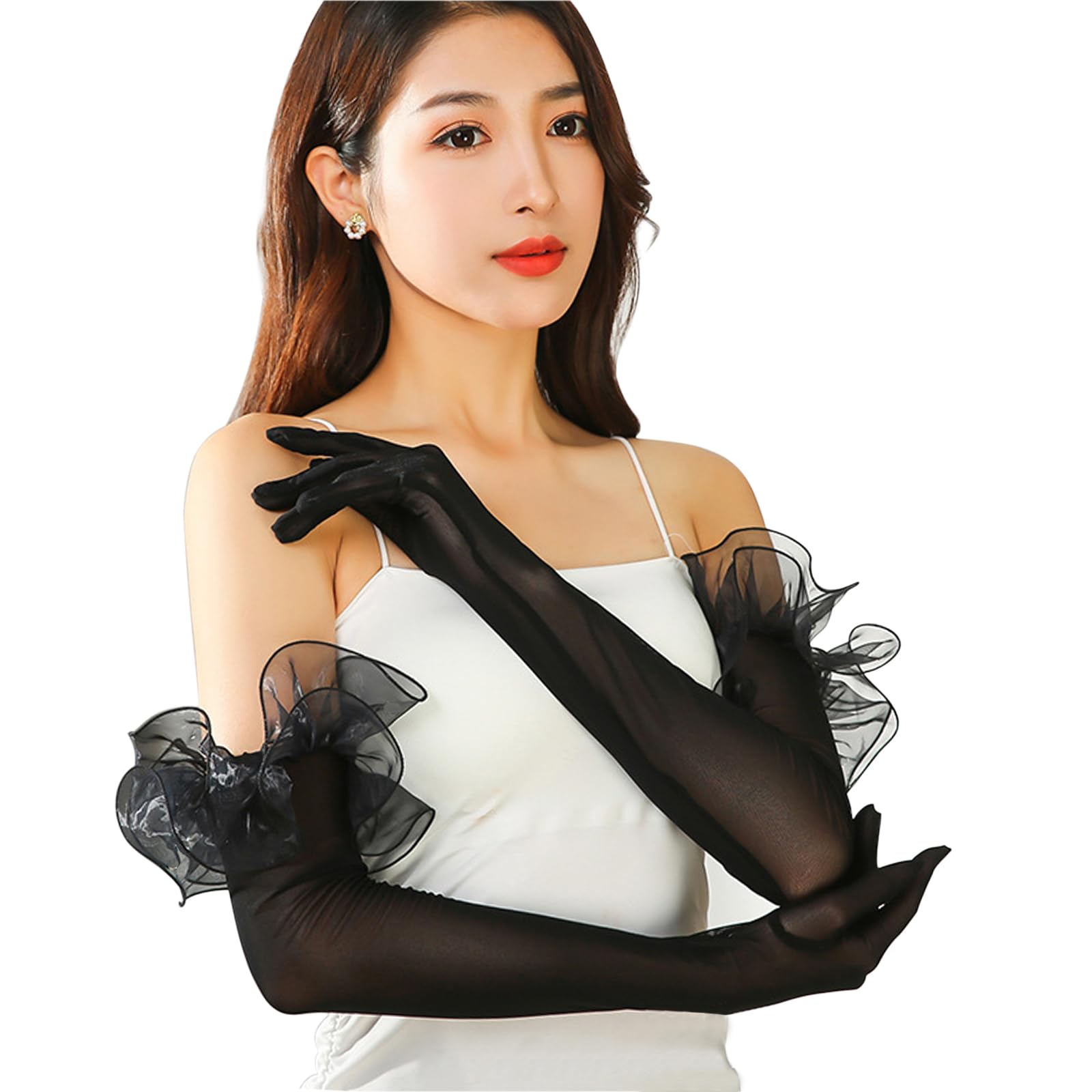 Mesh Opera Gloves for Women Long Stretchy Sheer Tulle Gloves with Ruffles Vintage 1920s Flapper Wedding Party Mittens