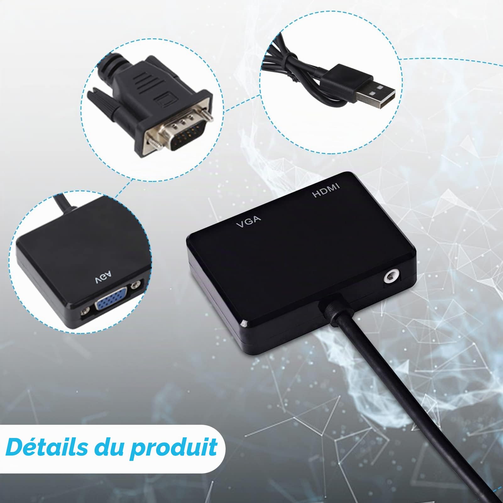 Agatige Adaptateur VGA vers HDMI 1080P Convertisseur Répartiteur 1 en 2 Sorties pour PC Projecteur Noir